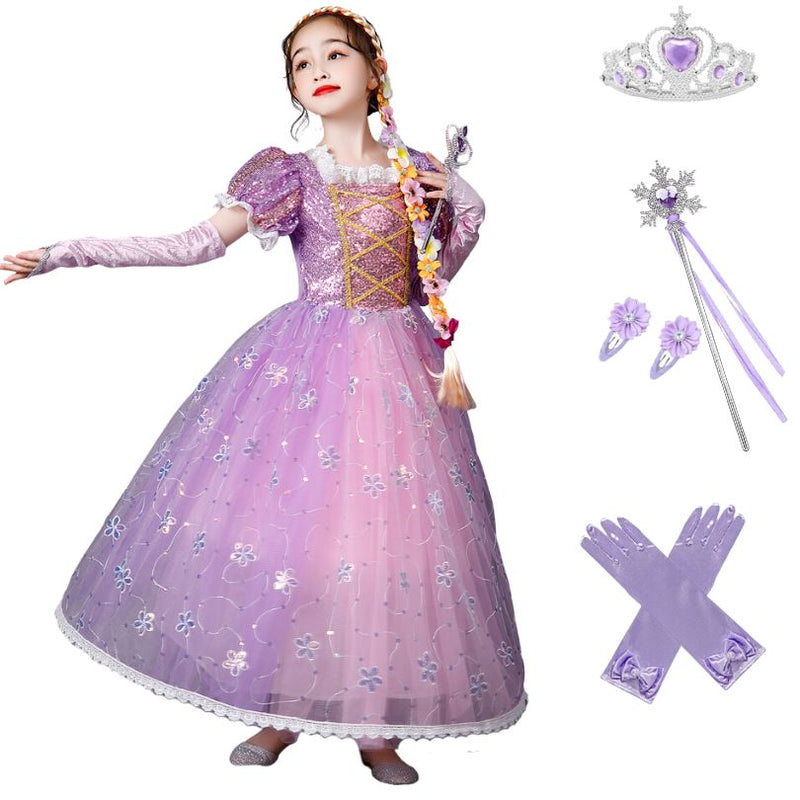 Fantasia Infantil Vestido Princesa Sofia Rapunzel Par Luvas e Tiara
